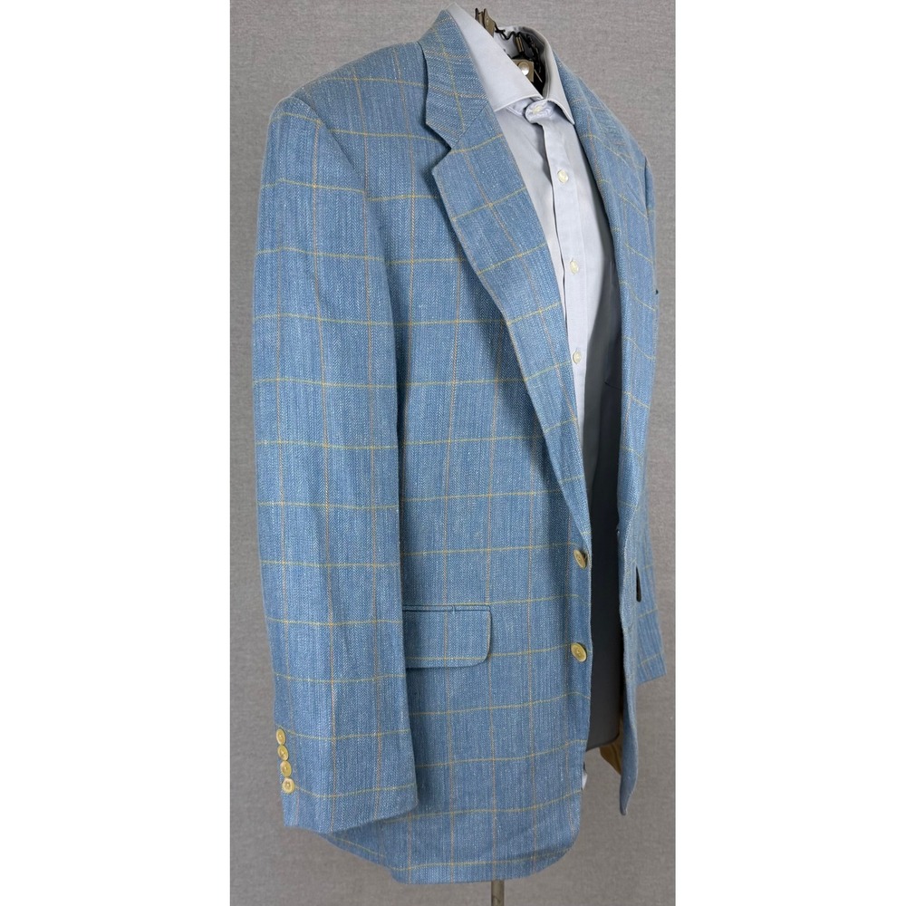 Lands End Mens 42L Silk Linen Blazer Light Blue Windowpane Herringbone Jacket